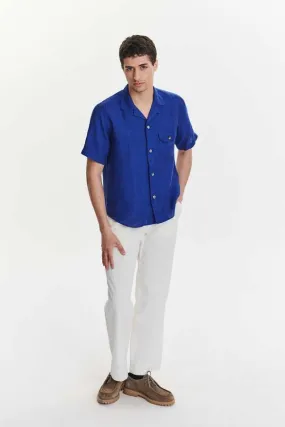 Soft and Airy Bohemian Linen Short Sleeve Camp Collar Shirt - Cobalt Blue 