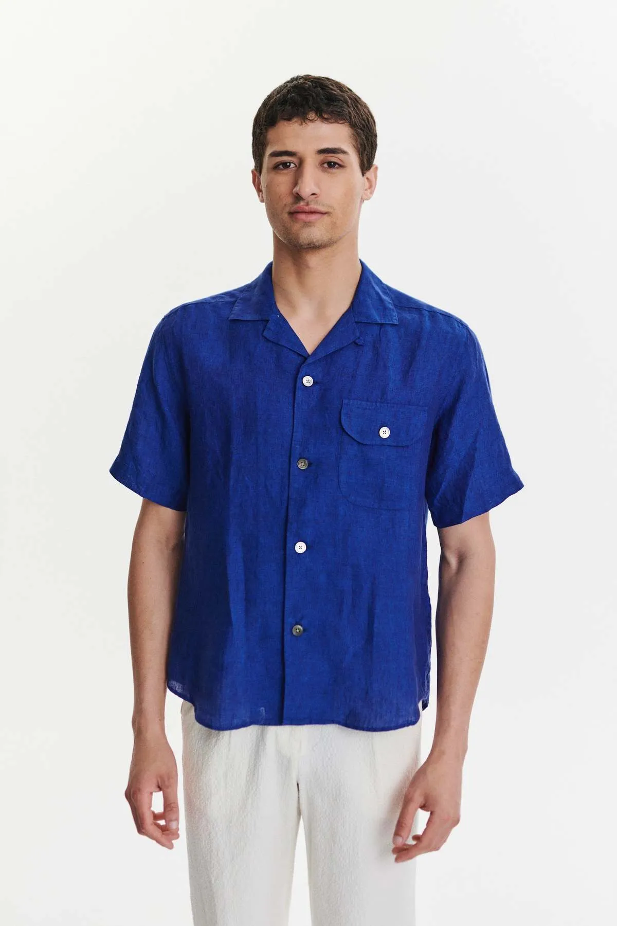 Soft and Airy Bohemian Linen Short Sleeve Camp Collar Shirt - Cobalt Blue 