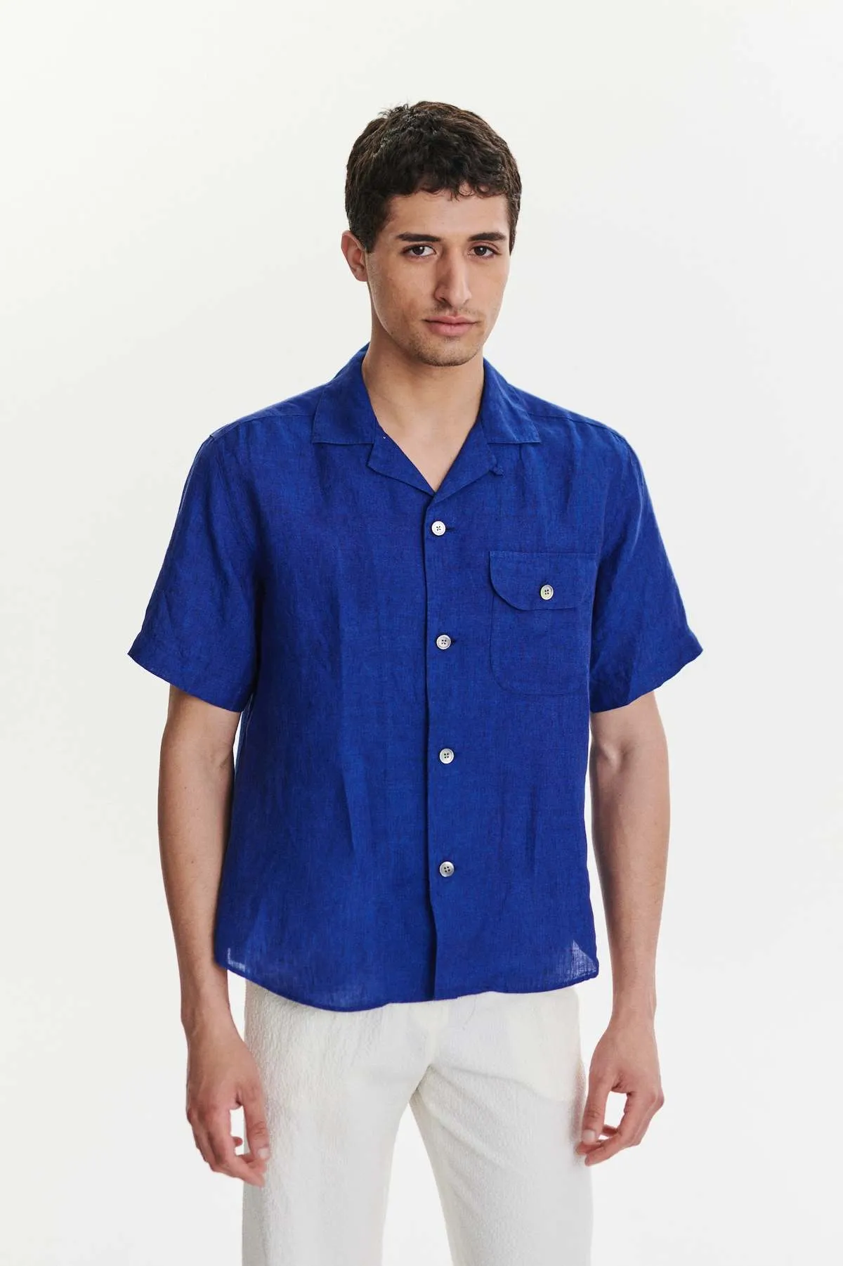 Soft and Airy Bohemian Linen Short Sleeve Camp Collar Shirt - Cobalt Blue 