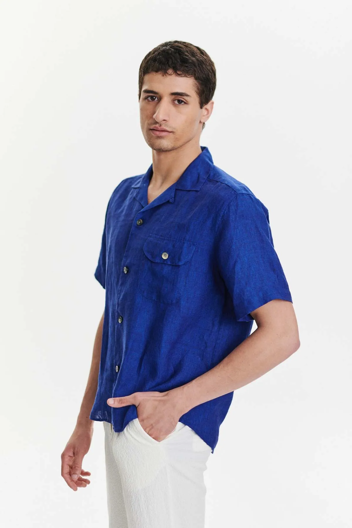 Soft and Airy Bohemian Linen Short Sleeve Camp Collar Shirt - Cobalt Blue 