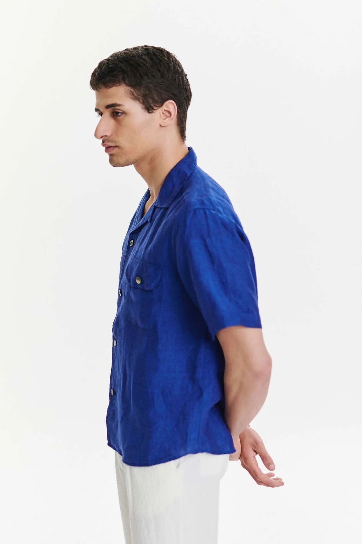 Soft and Airy Bohemian Linen Short Sleeve Camp Collar Shirt - Cobalt Blue 