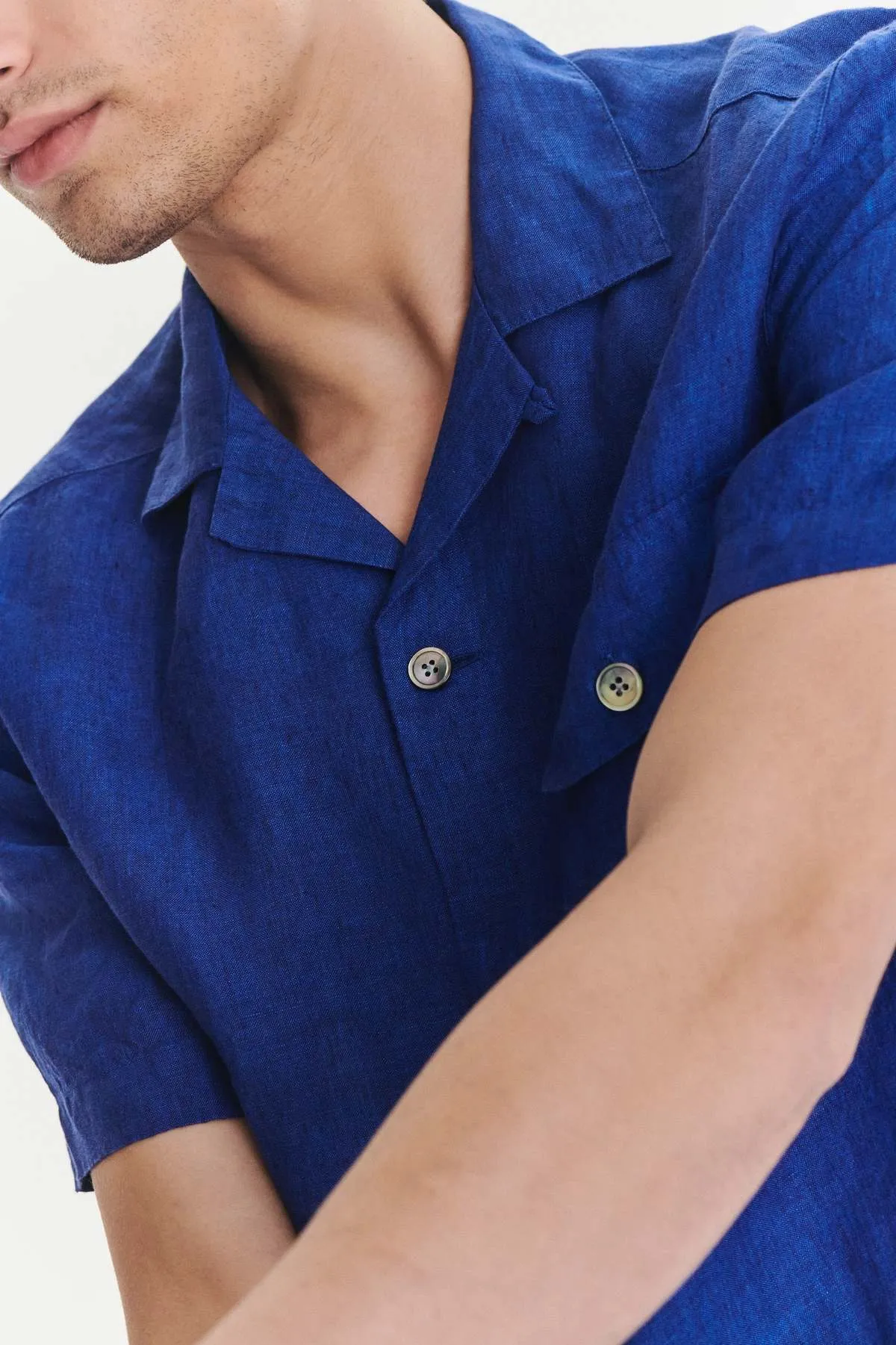 Soft and Airy Bohemian Linen Short Sleeve Camp Collar Shirt - Cobalt Blue 