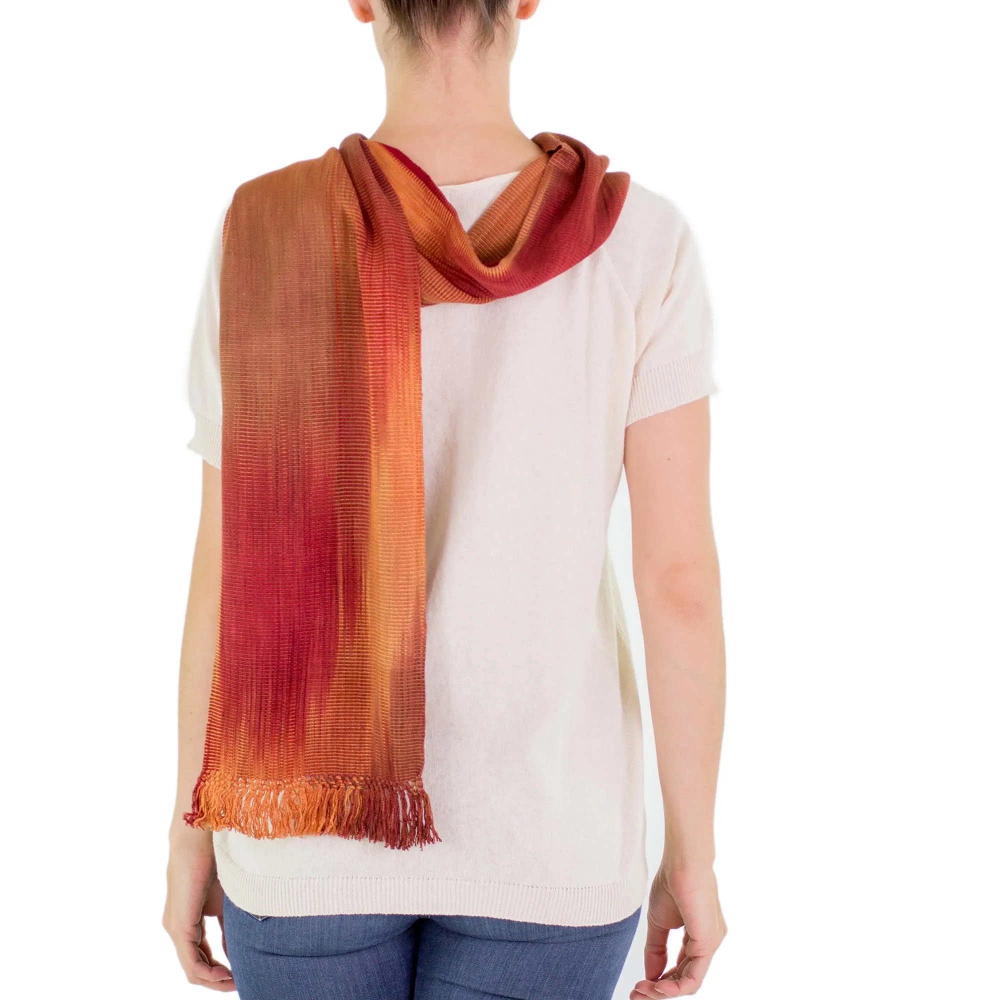 Solola Dawn Orange Brown Maroon Hand Woven Rayon Chenille Scarf