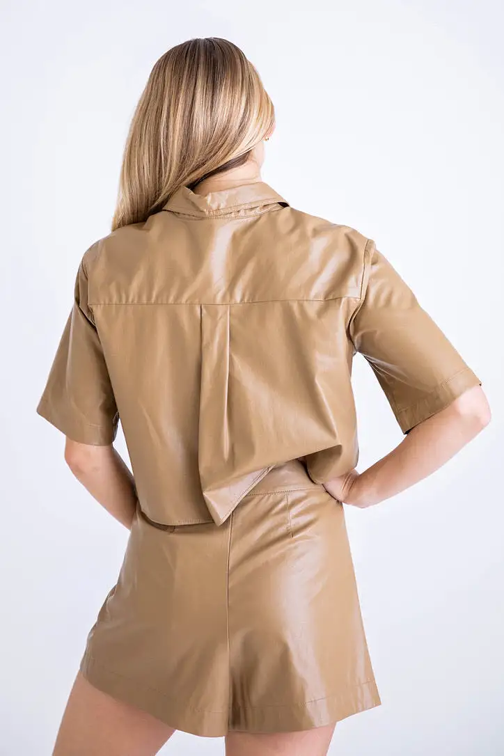 Tan Faux Leather Camp Shirt