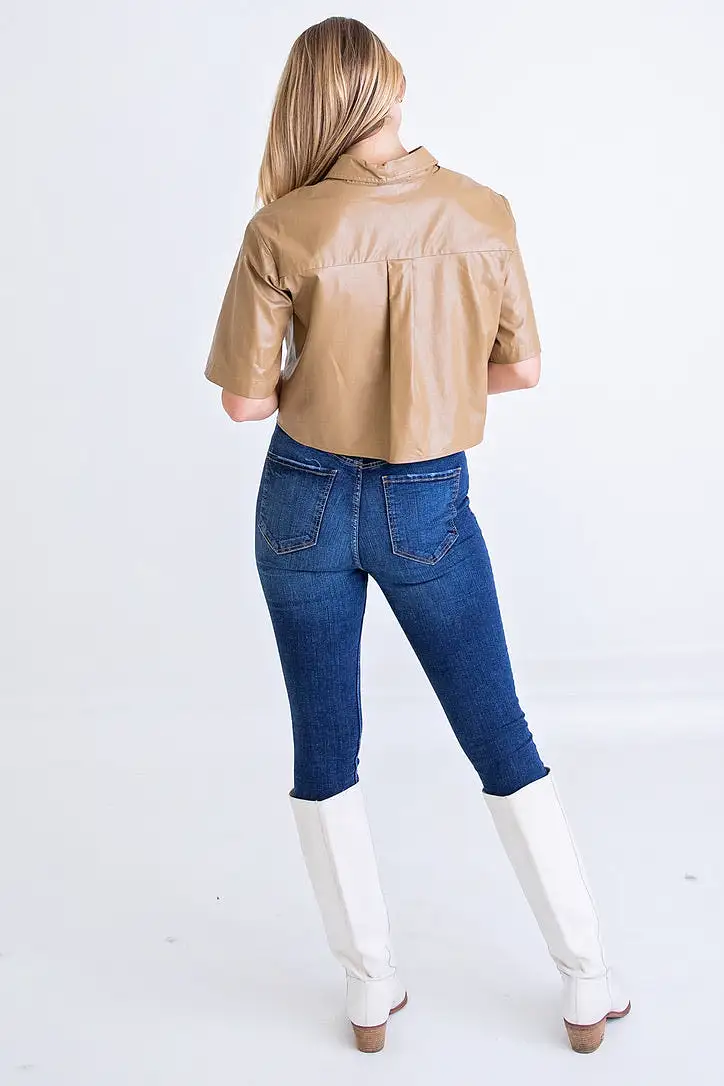 Tan Faux Leather Camp Shirt