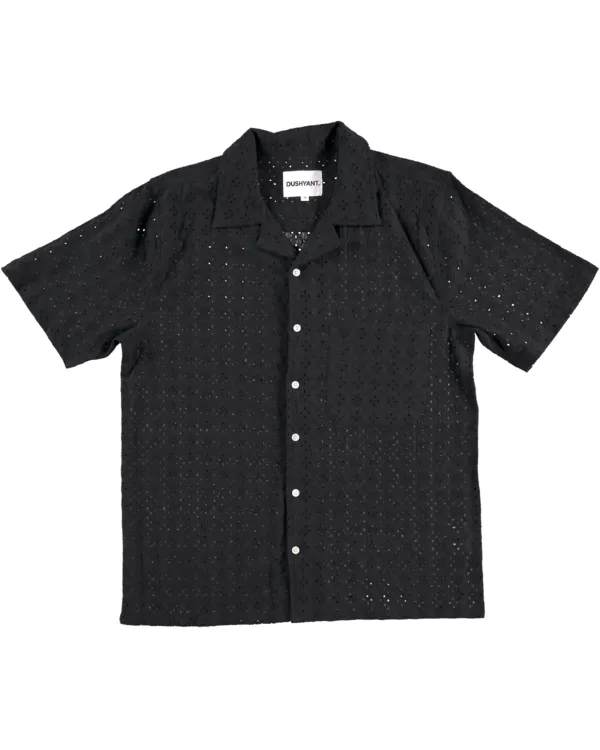 The Don Camp Collar Shirt - Black Eyelet Fabric