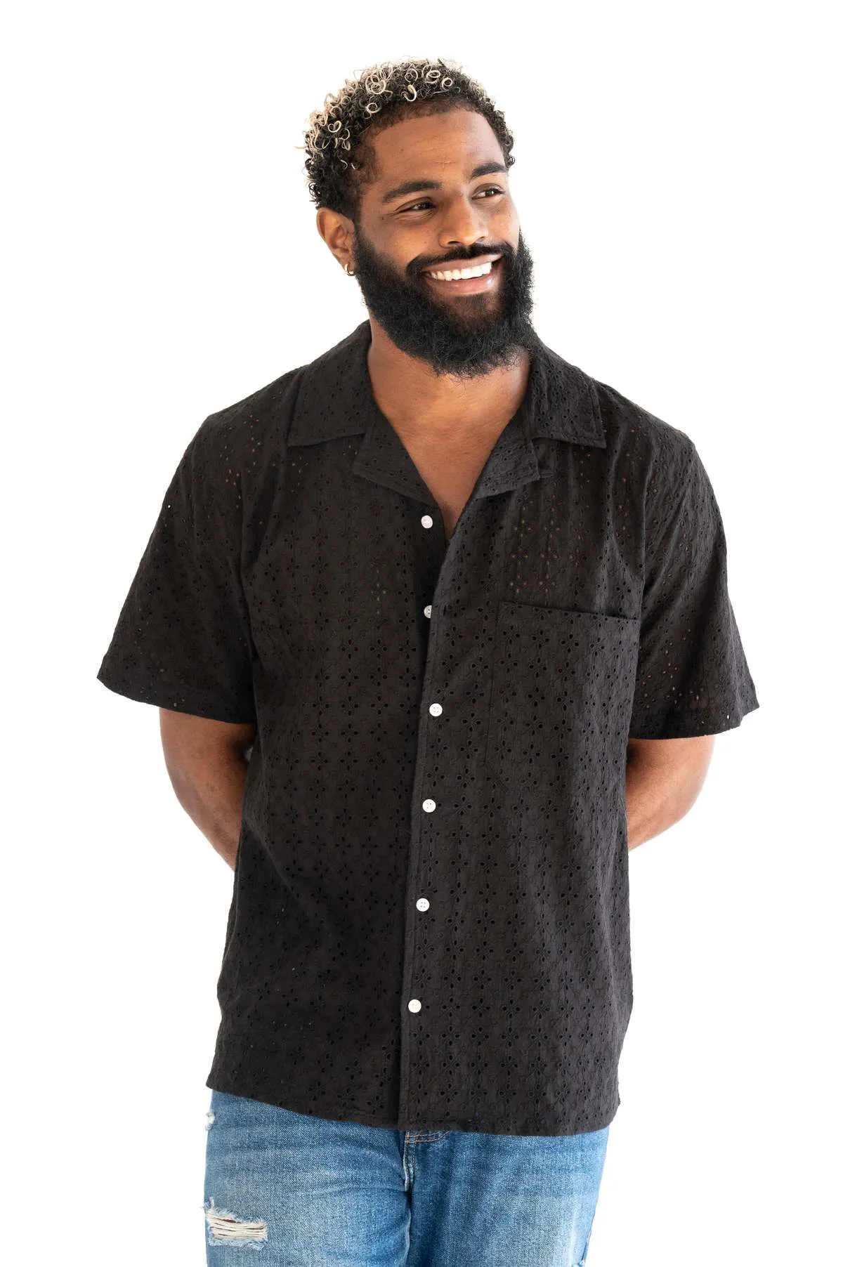 The Don Camp Collar Shirt - Black Eyelet Fabric