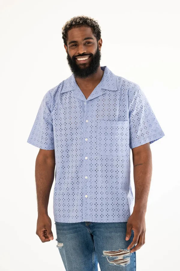 The Don Camp Collar Shirt - Periwinkle Blue Eyelet Fabric