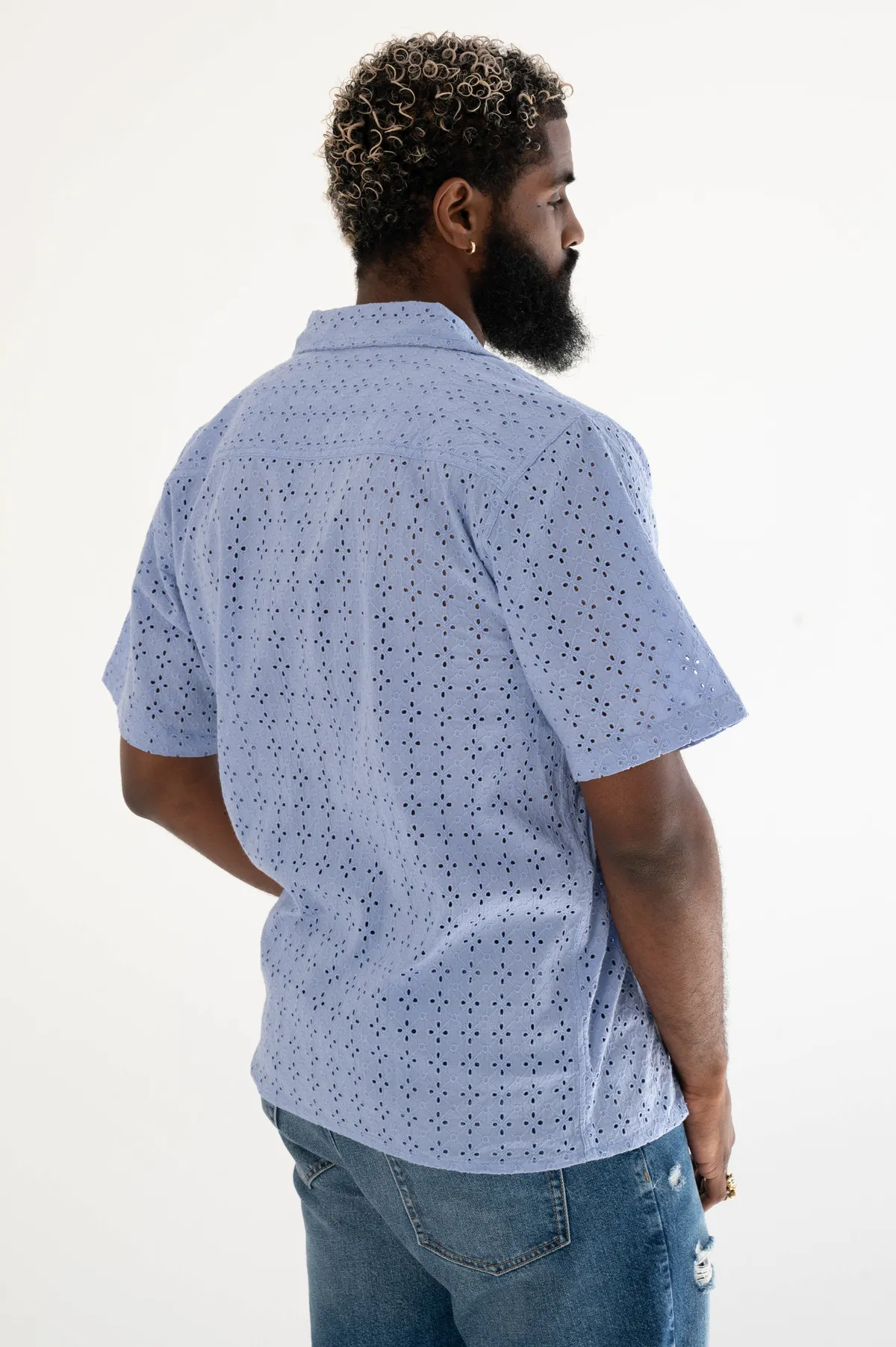 The Don Camp Collar Shirt - Periwinkle Blue Eyelet Fabric