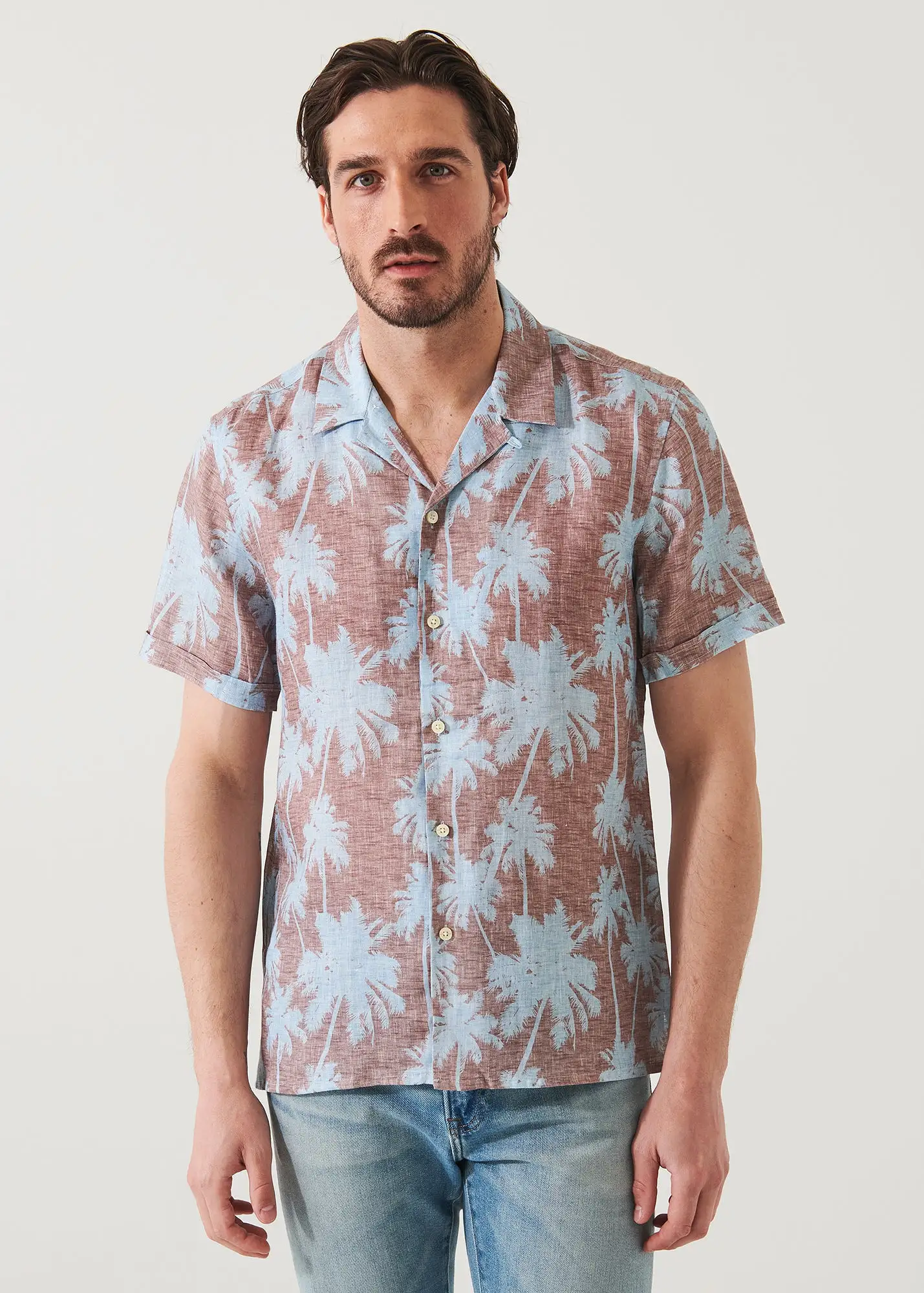 TROPICAL PRINT CAMP COLLAR LINEN SHIRT