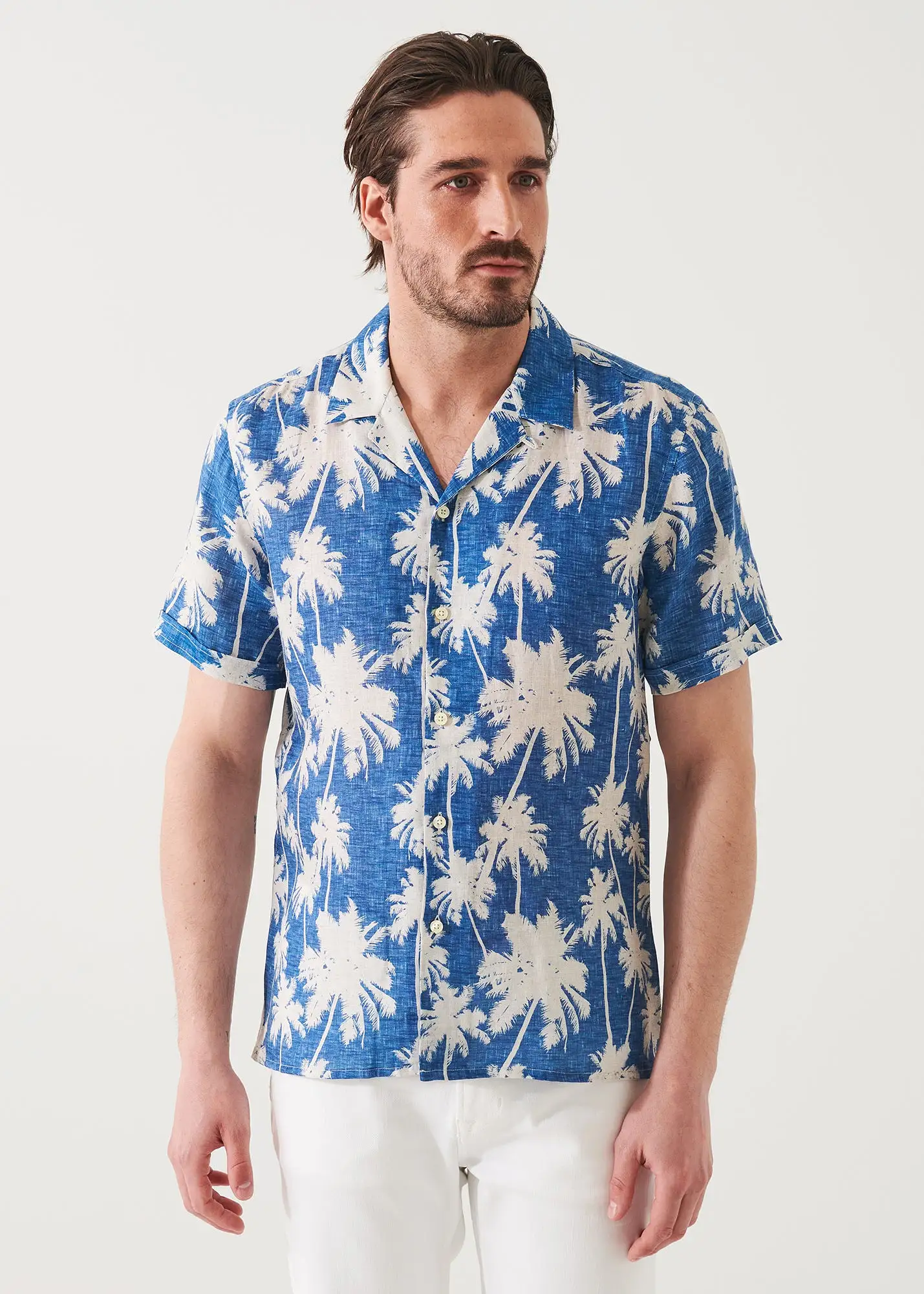 TROPICAL PRINT CAMP COLLAR LINEN SHIRT