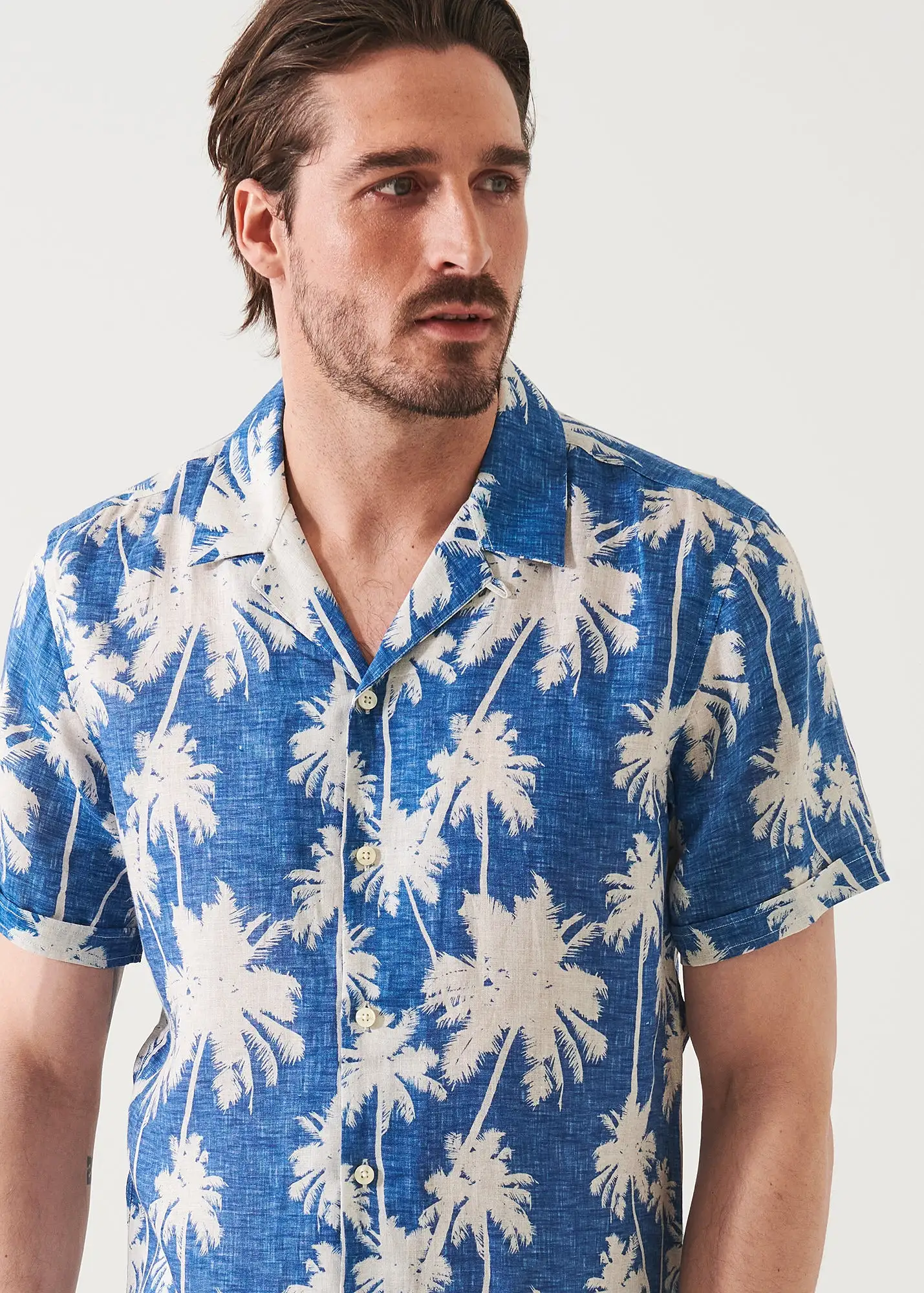 TROPICAL PRINT CAMP COLLAR LINEN SHIRT