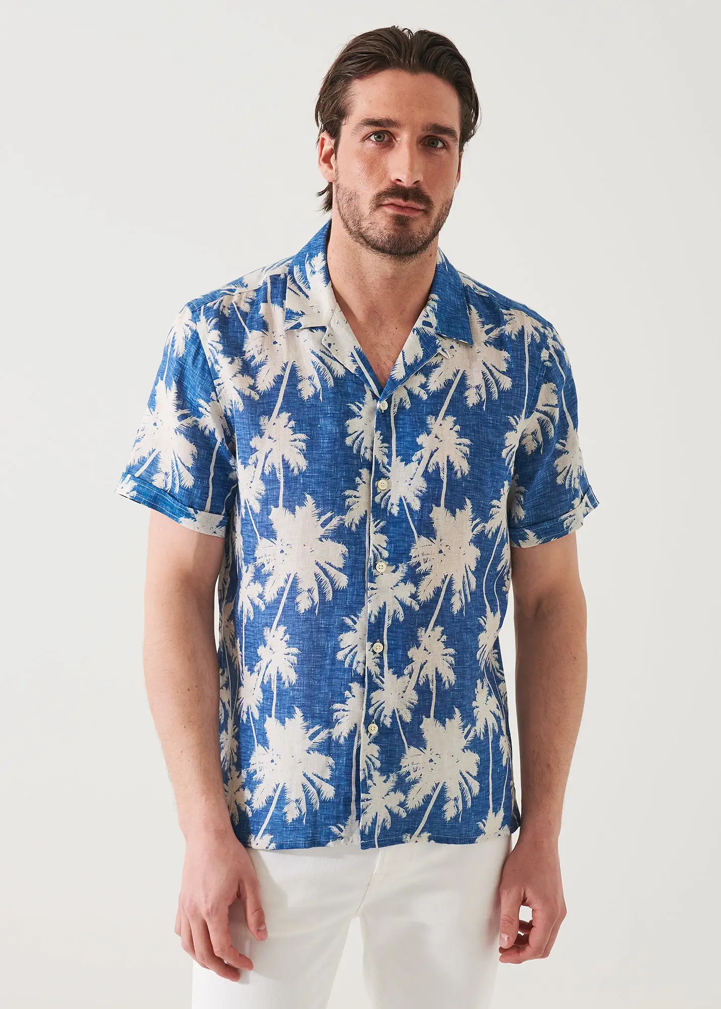 TROPICAL PRINT CAMP COLLAR LINEN SHIRT