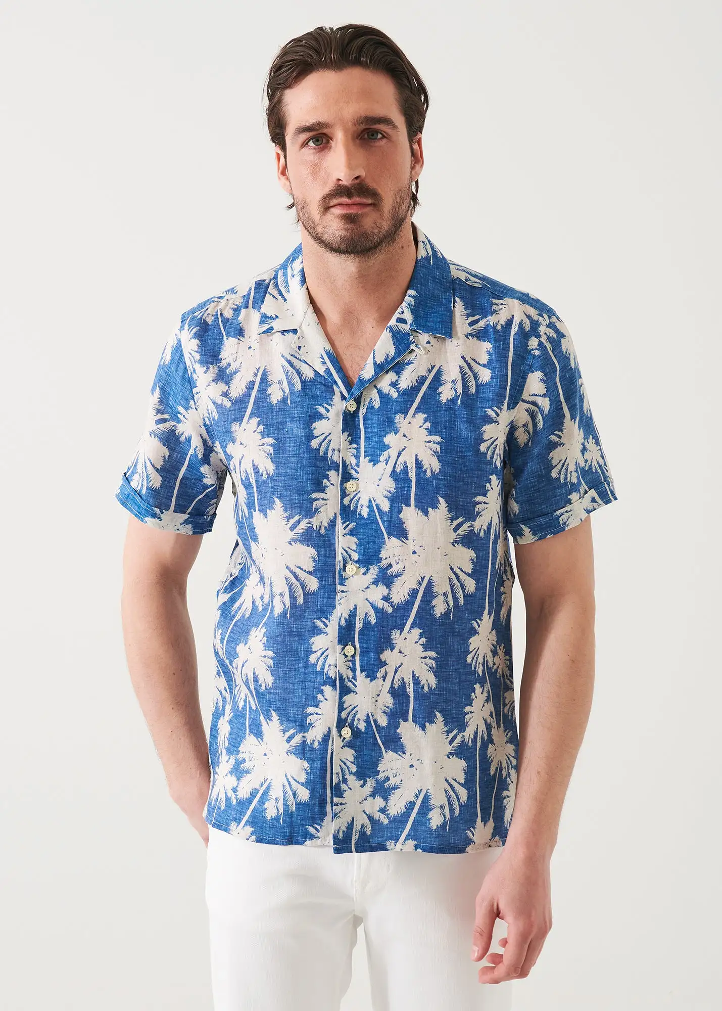 TROPICAL PRINT CAMP COLLAR LINEN SHIRT