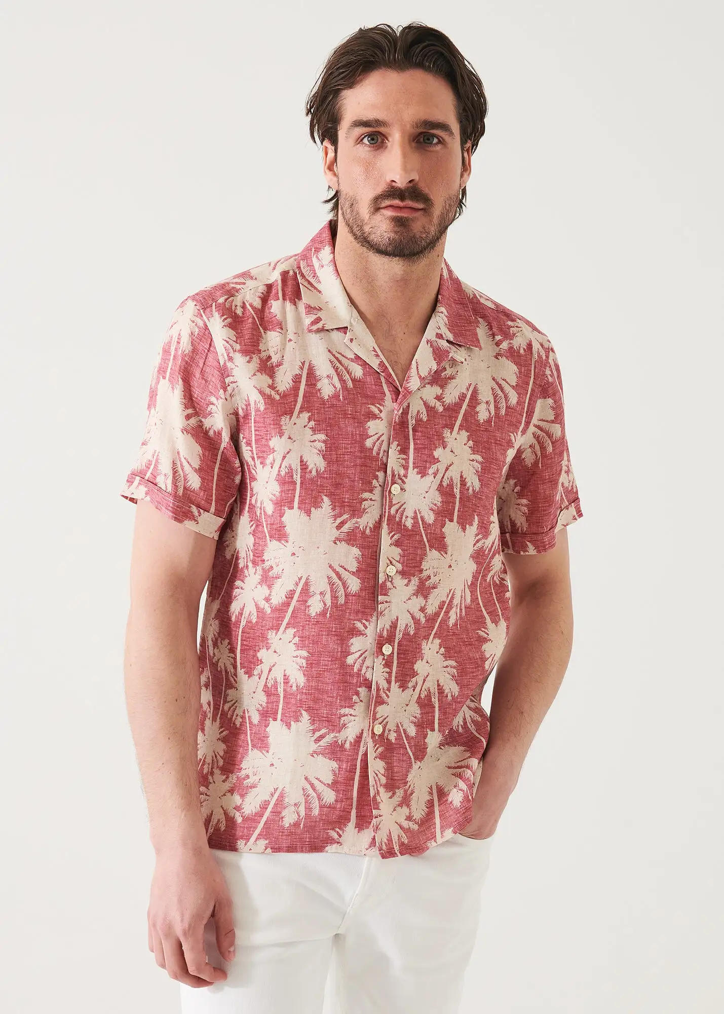 TROPICAL PRINT CAMP COLLAR LINEN SHIRT