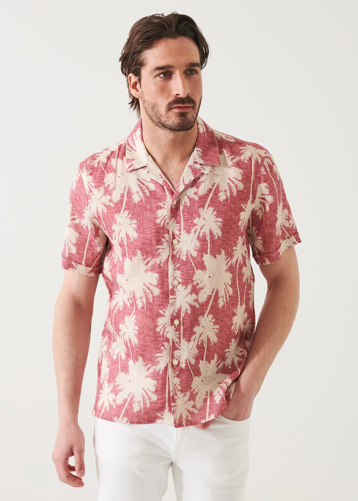 TROPICAL PRINT CAMP COLLAR LINEN SHIRT