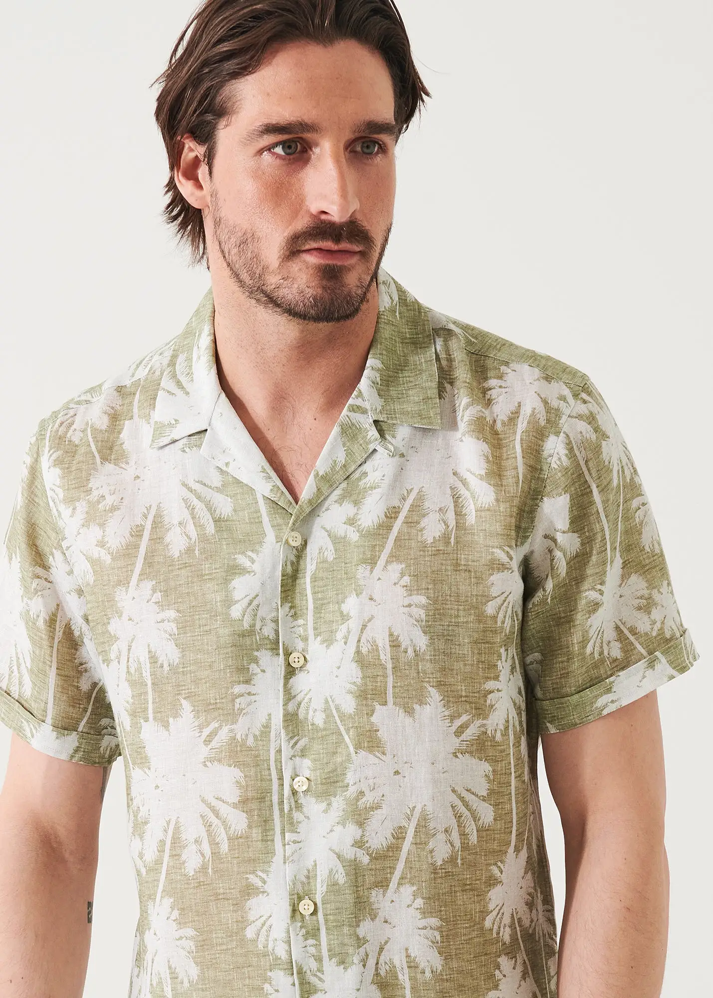 TROPICAL PRINT CAMP COLLAR LINEN SHIRT