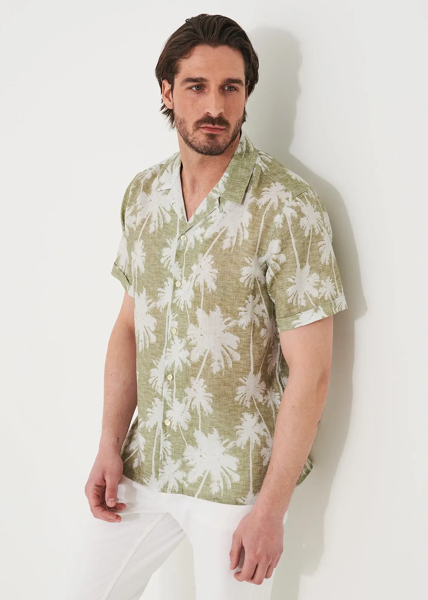 TROPICAL PRINT CAMP COLLAR LINEN SHIRT