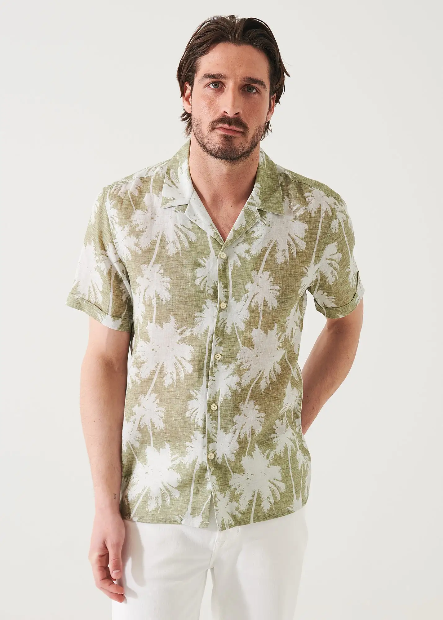 TROPICAL PRINT CAMP COLLAR LINEN SHIRT