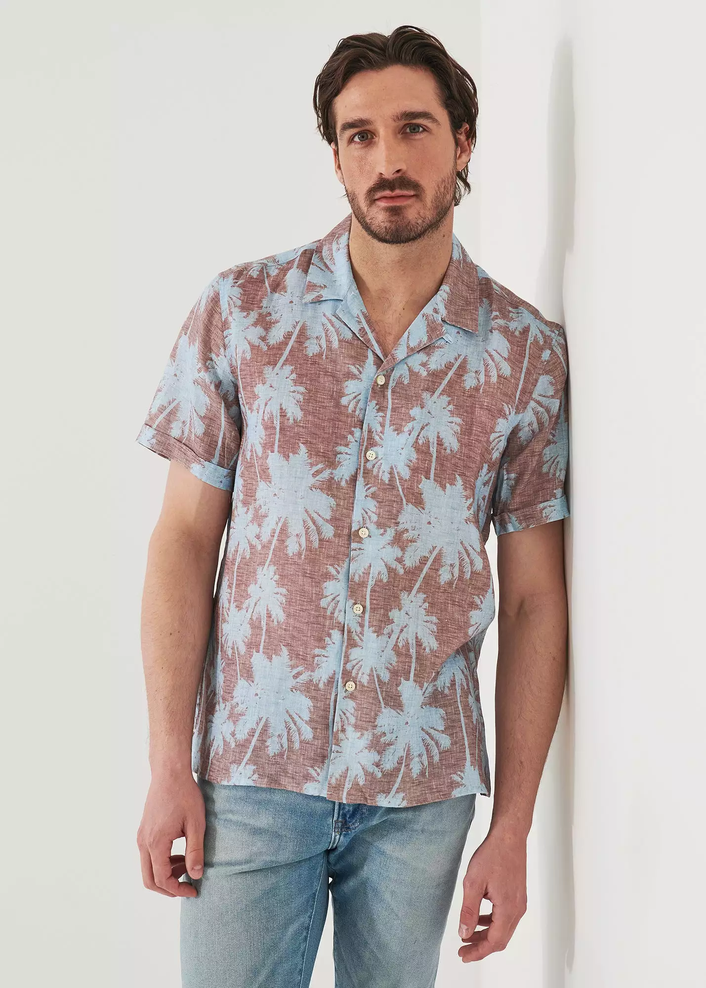 TROPICAL PRINT CAMP COLLAR LINEN SHIRT