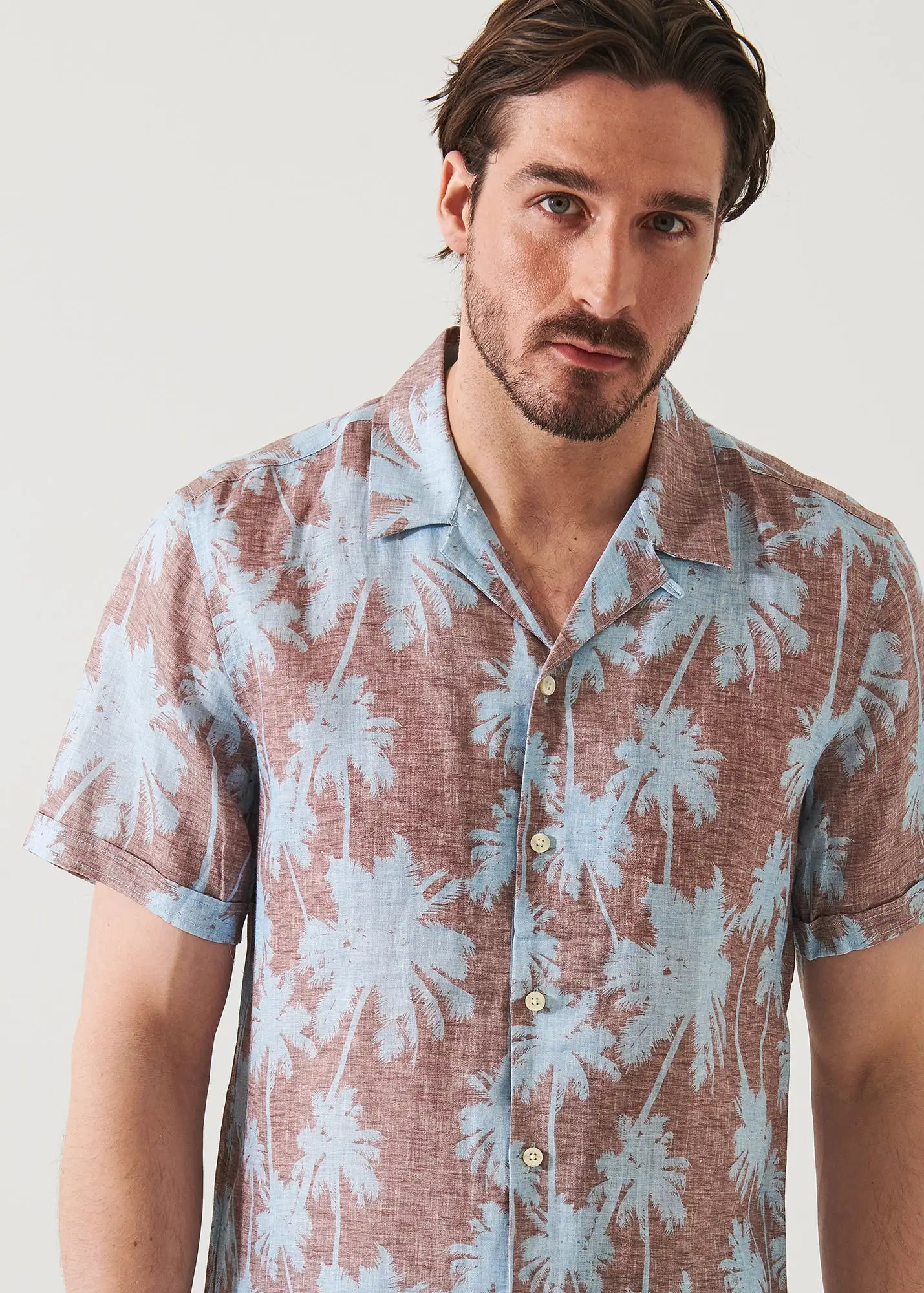 TROPICAL PRINT CAMP COLLAR LINEN SHIRT