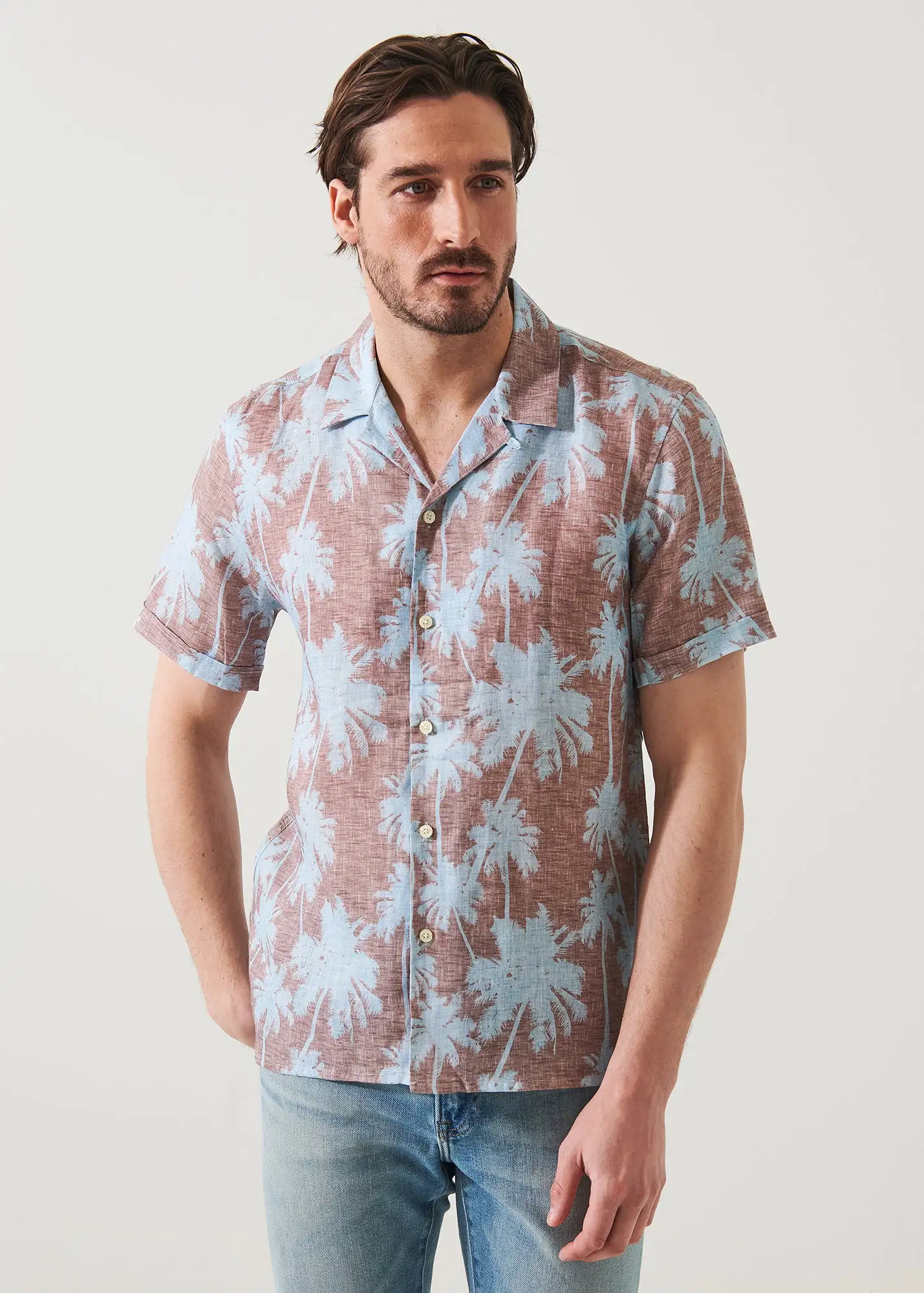 TROPICAL PRINT CAMP COLLAR LINEN SHIRT