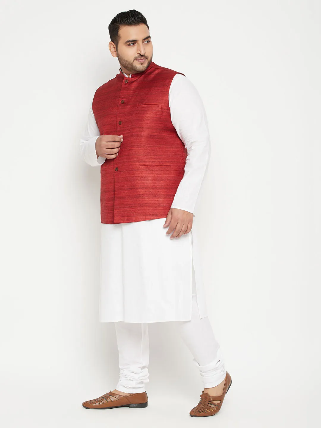 VASTRAMAY Men's Plus Size White and Maroon Cotton Blend Jacket Kurta Pyjama Set