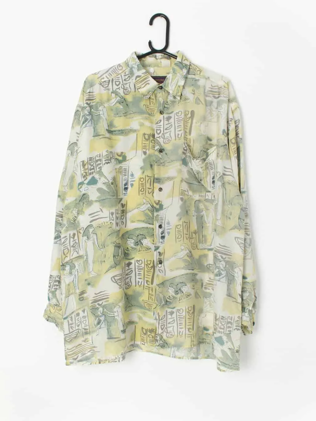 Vintage silk Hawaiian shirt with a pastel yellow and green Egyptian print – XL