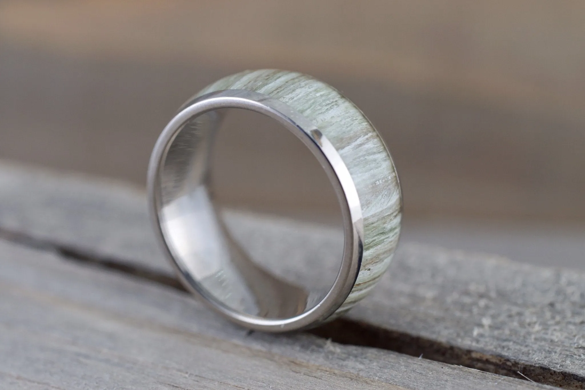 White Ash Wood Underlay in Titanium 8mm Domed High Men's Ring