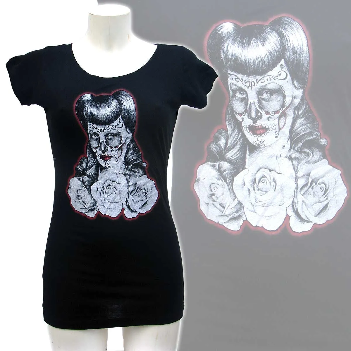 Women's Black T-Shirt sugar skull Rosie Cadaver