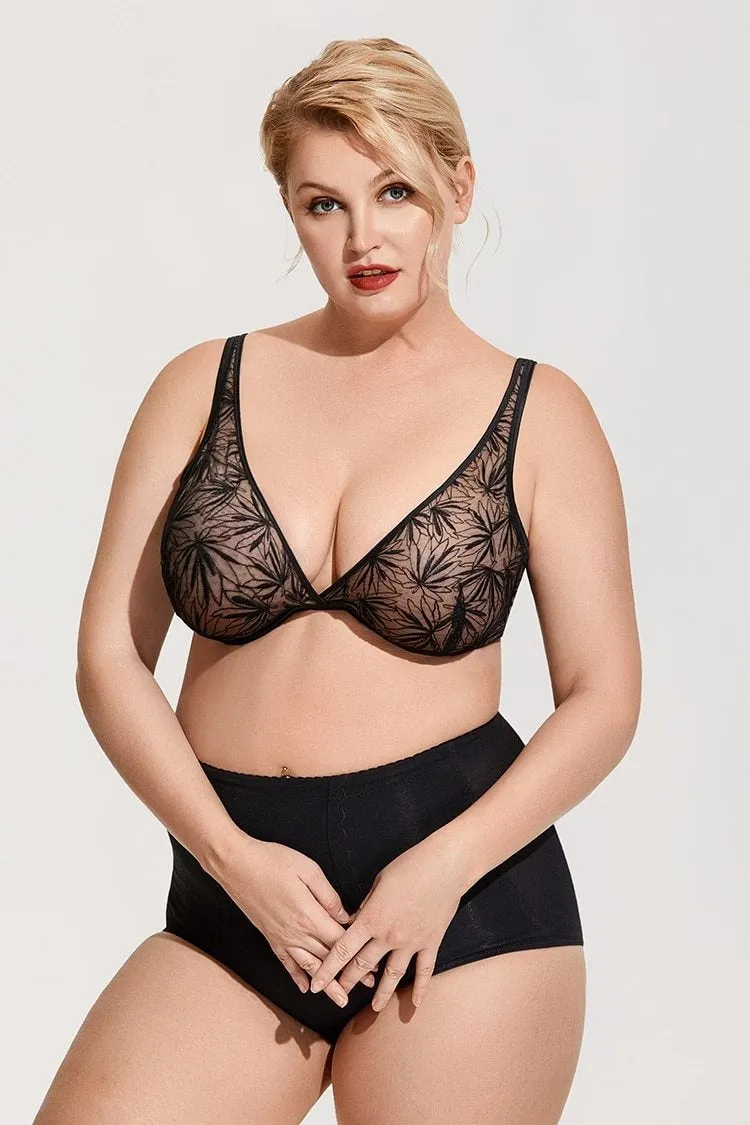 Women's Plus Size Black Foral Mesh Lace Deep V Plunge Unlined Underwire Bra