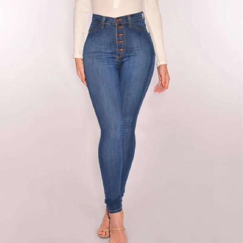 Women's Vintage Style High Waist Button-Up Skinny Denim Trousers