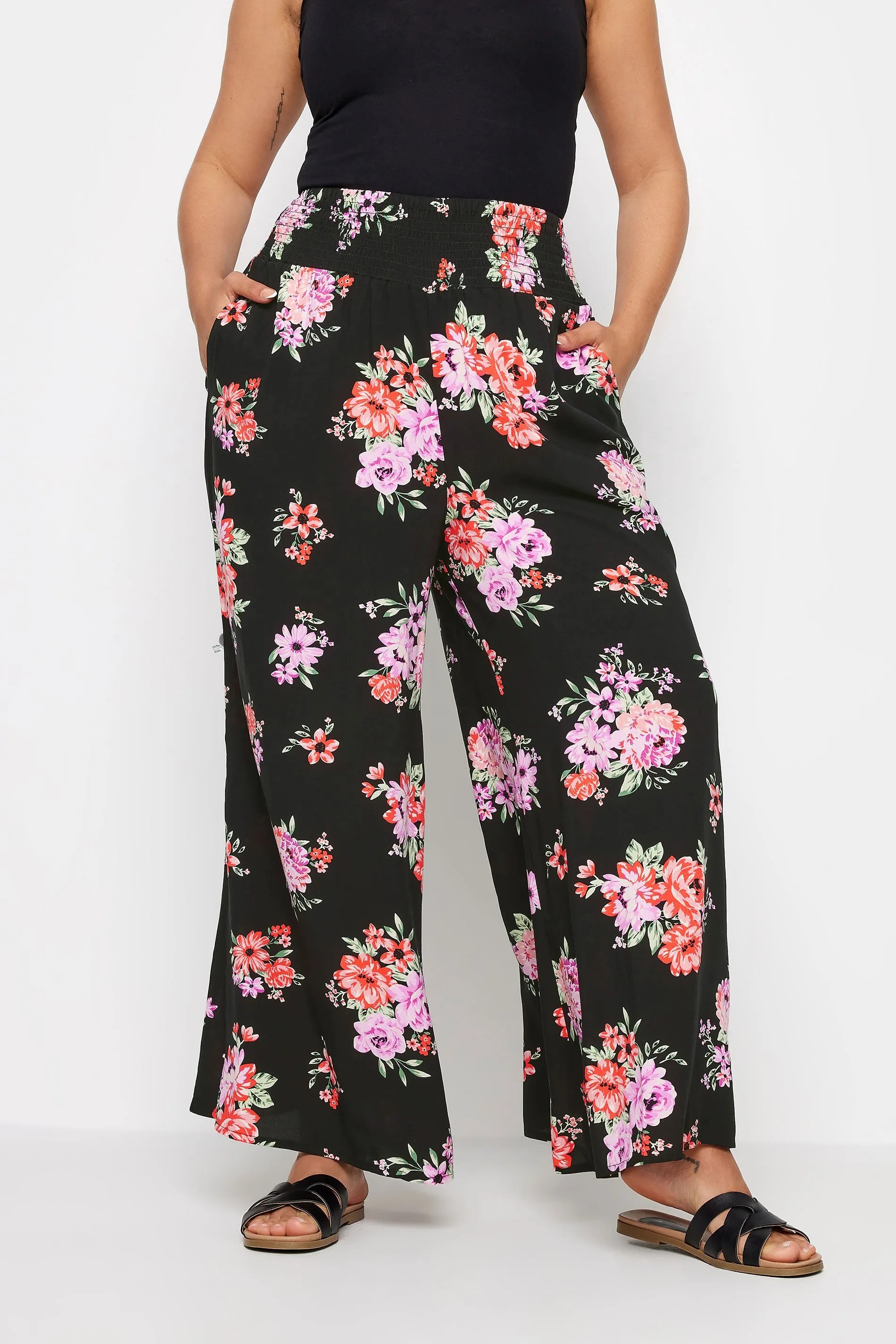 YOURS Curve Black Floral Bloom Print Shirred Wide Leg Trousers