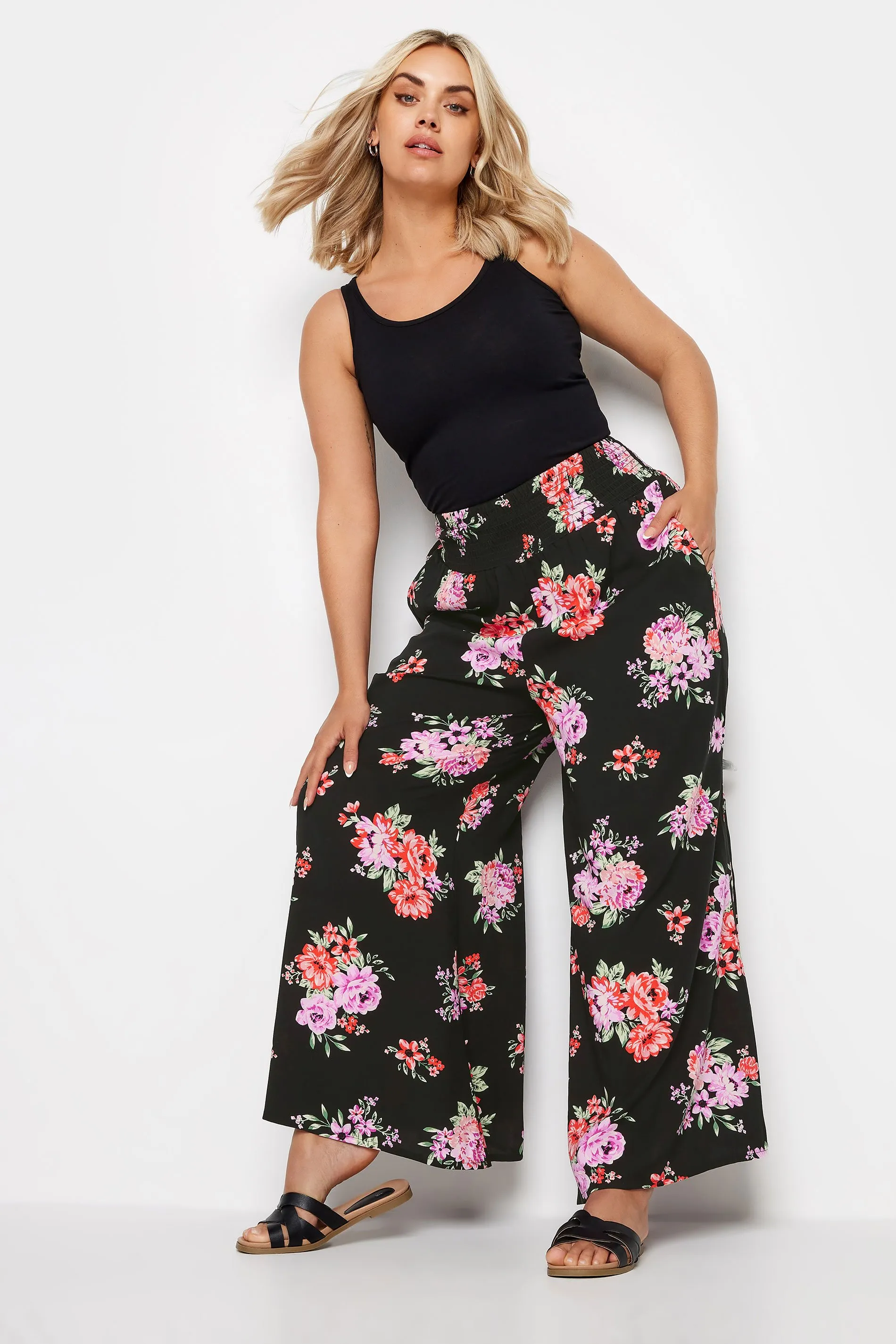 YOURS Curve Black Floral Bloom Print Shirred Wide Leg Trousers