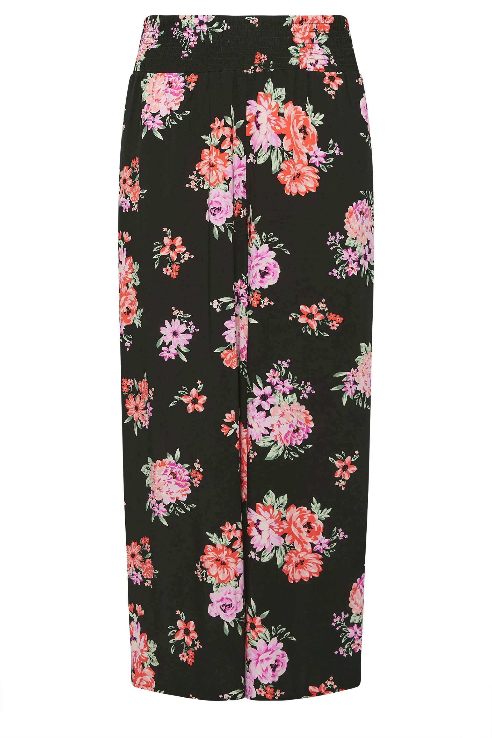 YOURS Curve Black Floral Bloom Print Shirred Wide Leg Trousers