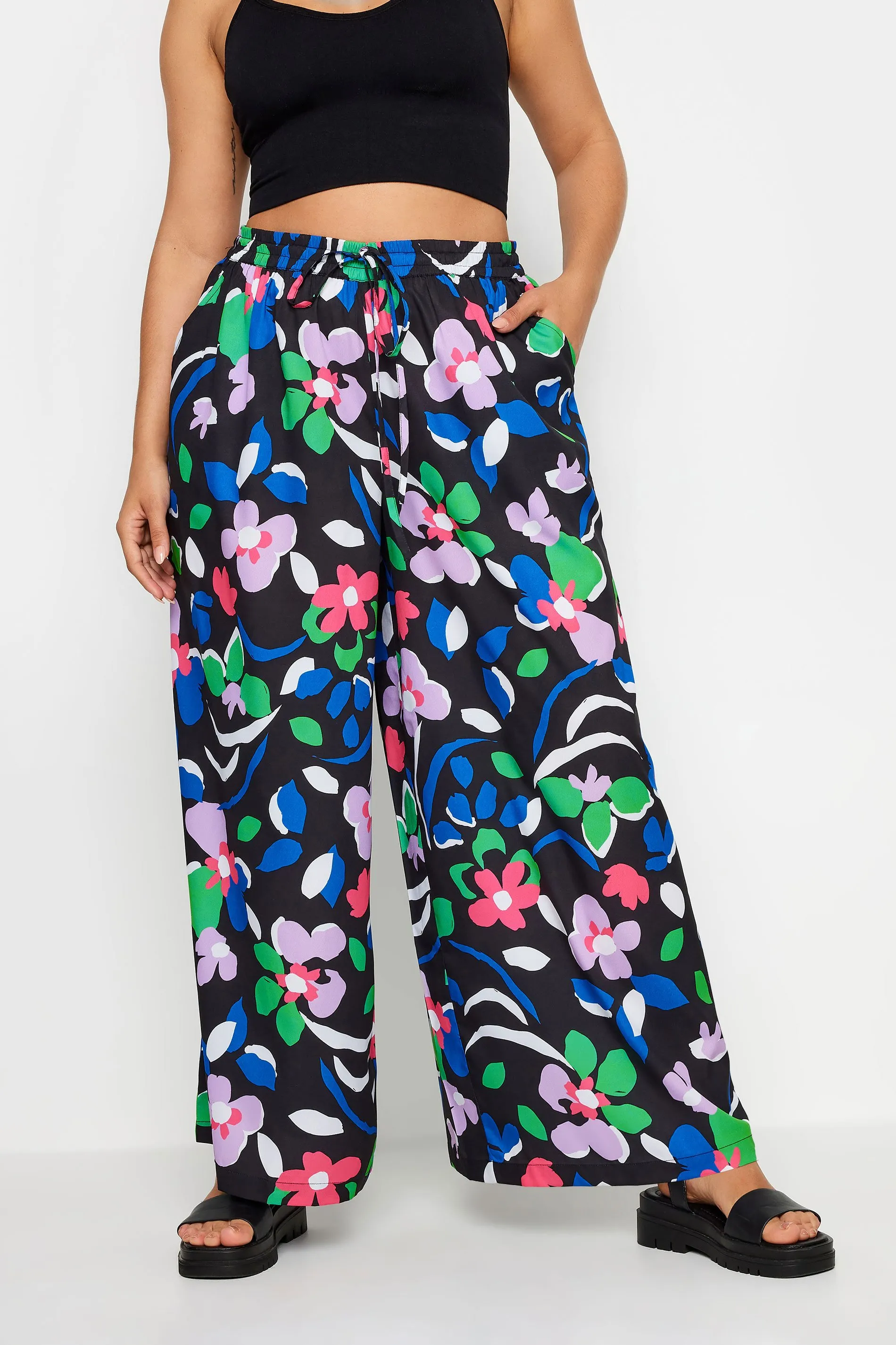 YOURS Curve Black Floral Print Drawstring Wide Leg Trousers