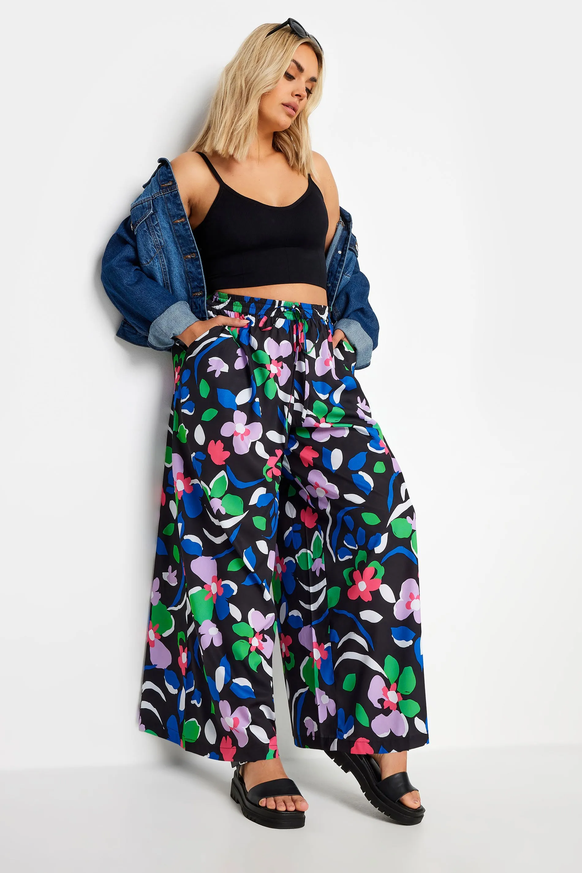 YOURS Curve Black Floral Print Drawstring Wide Leg Trousers