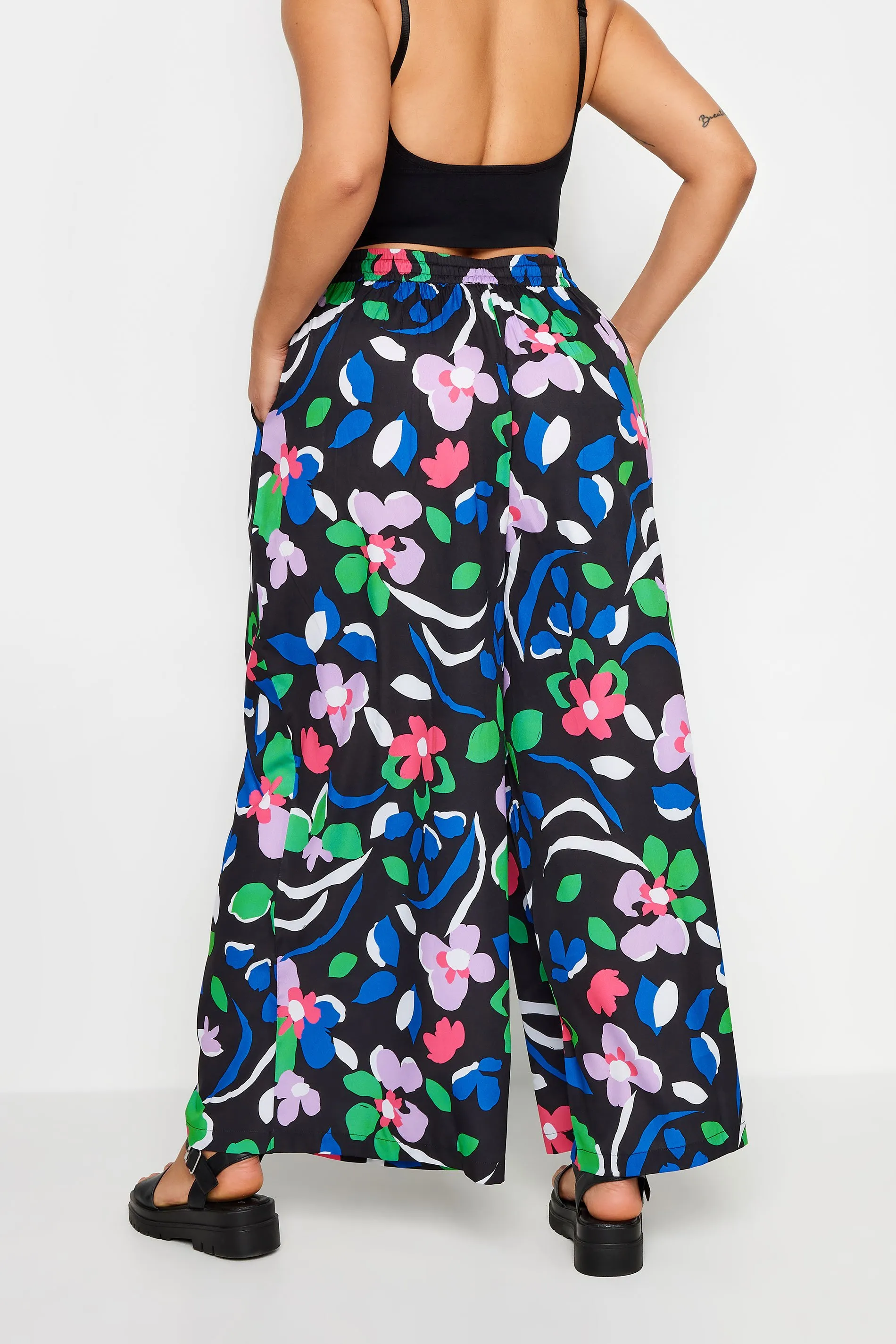 YOURS Curve Black Floral Print Drawstring Wide Leg Trousers