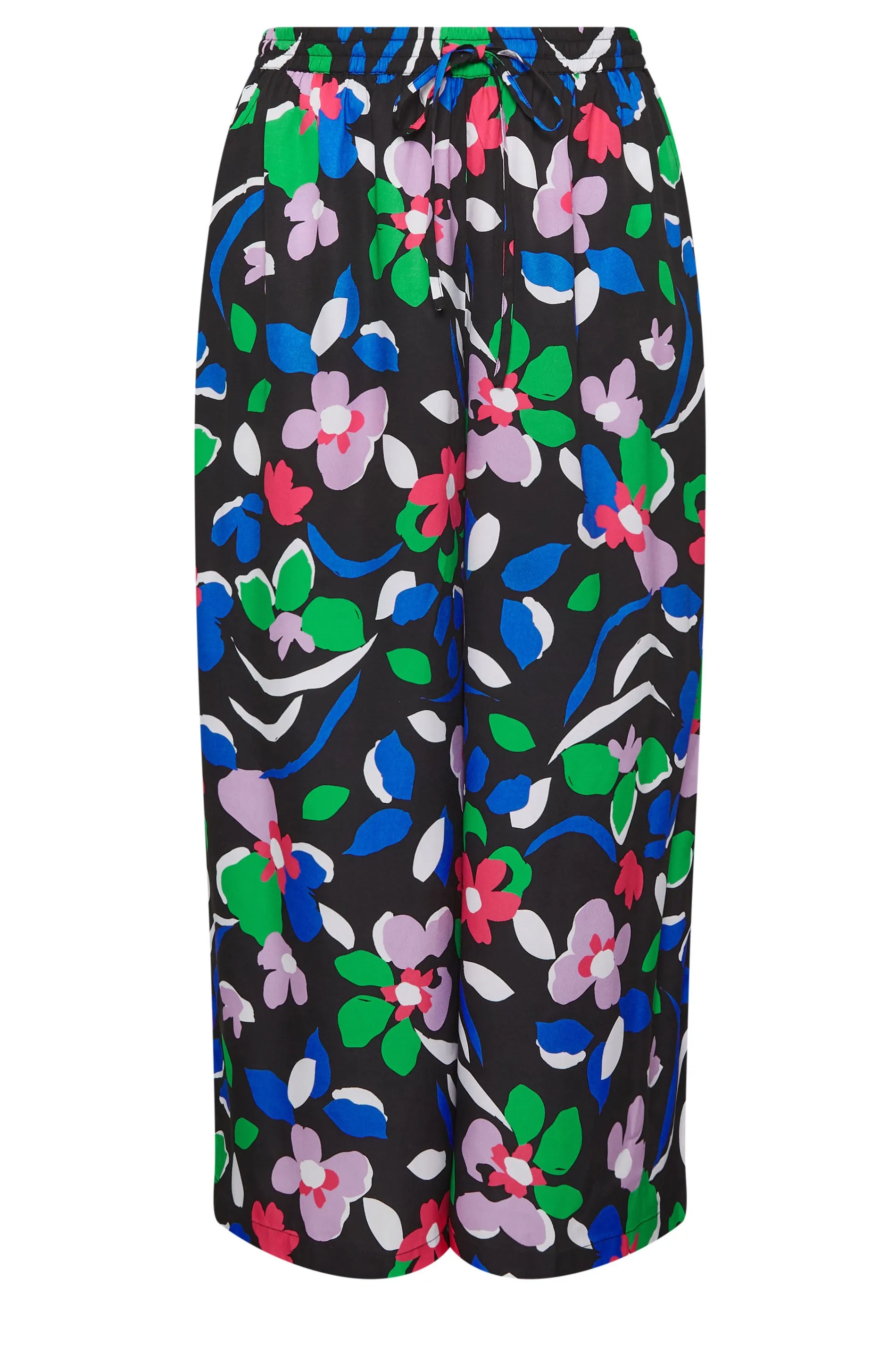 YOURS Curve Black Floral Print Drawstring Wide Leg Trousers